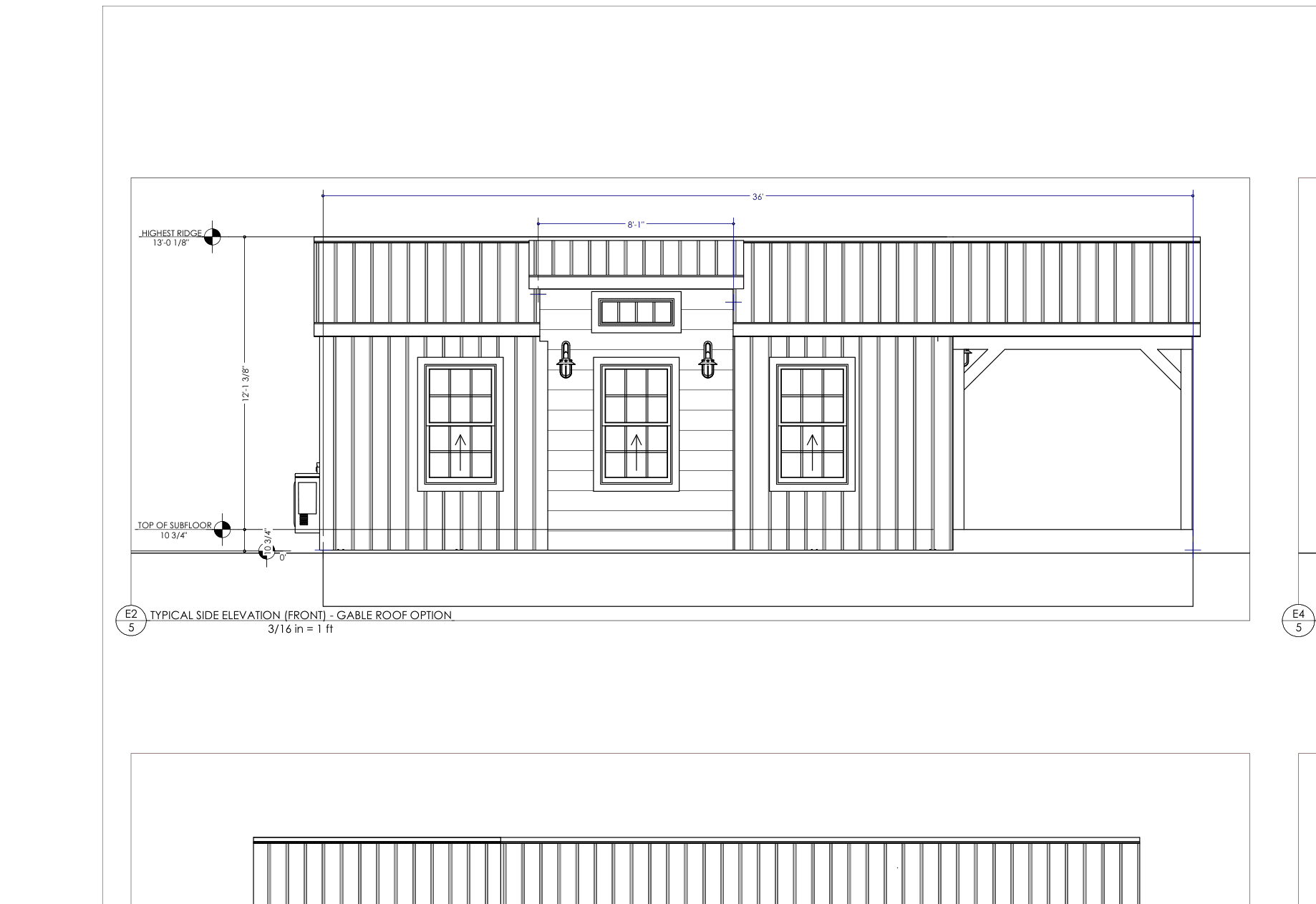 Cabin 1626 V1.4 exterior elevations — front entry, covered porch, and carport