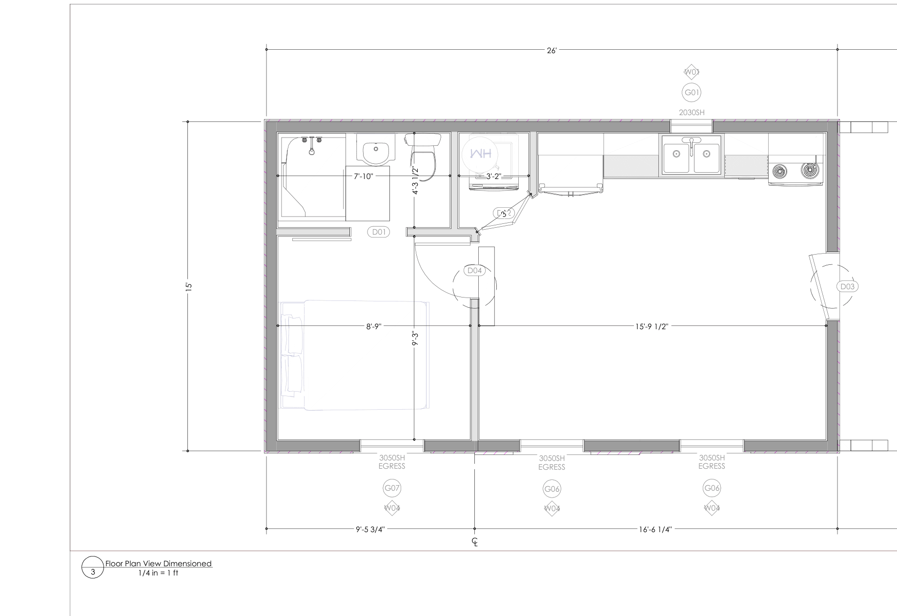 Cabin 1626 V1.4 floor plan — one bedroom, one bath, open kitchen and living, utility closet, and covered porch